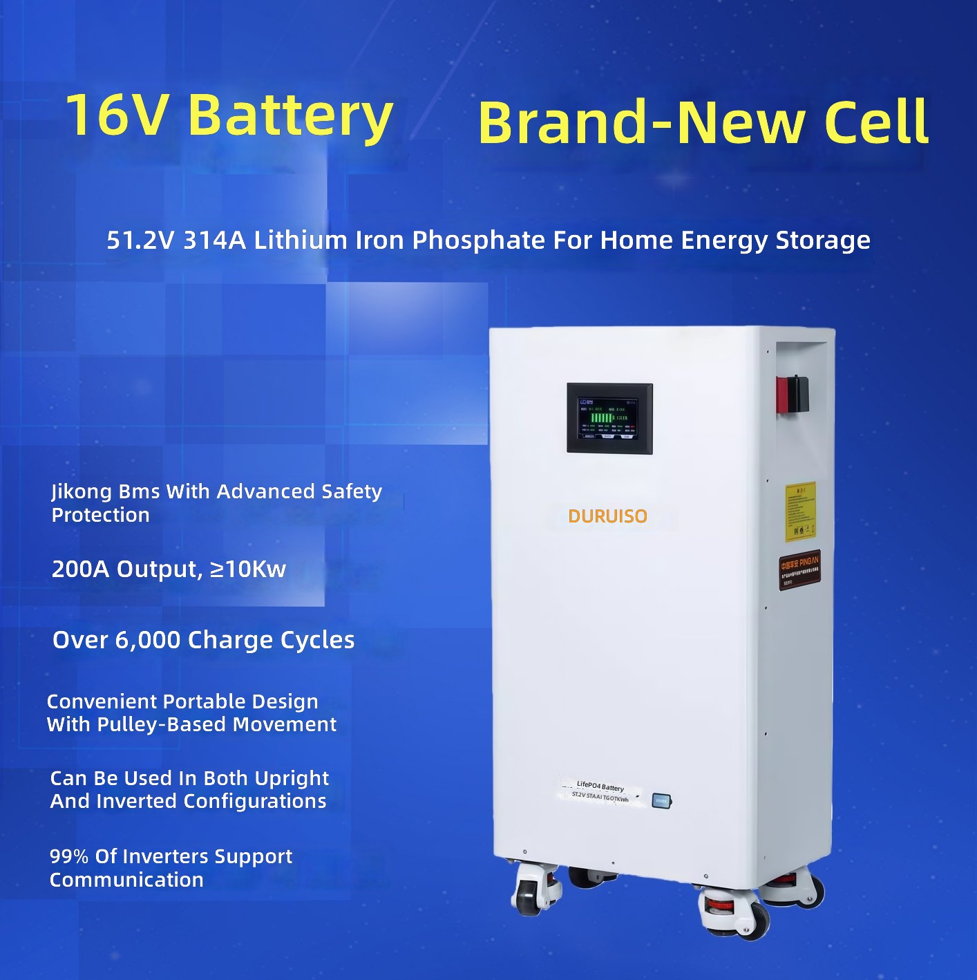 51.2V 314Ah LiFePO4 Home Storage Battery 16kWh 48V Solar PV Battery by Sanlita